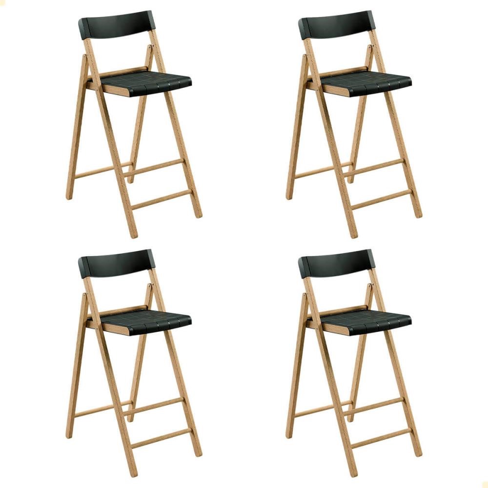 Kit 4 Banquetas Dobrável Alta com Encosto Tramontina Potenza Preto Madeira Tauari Natural 13700380