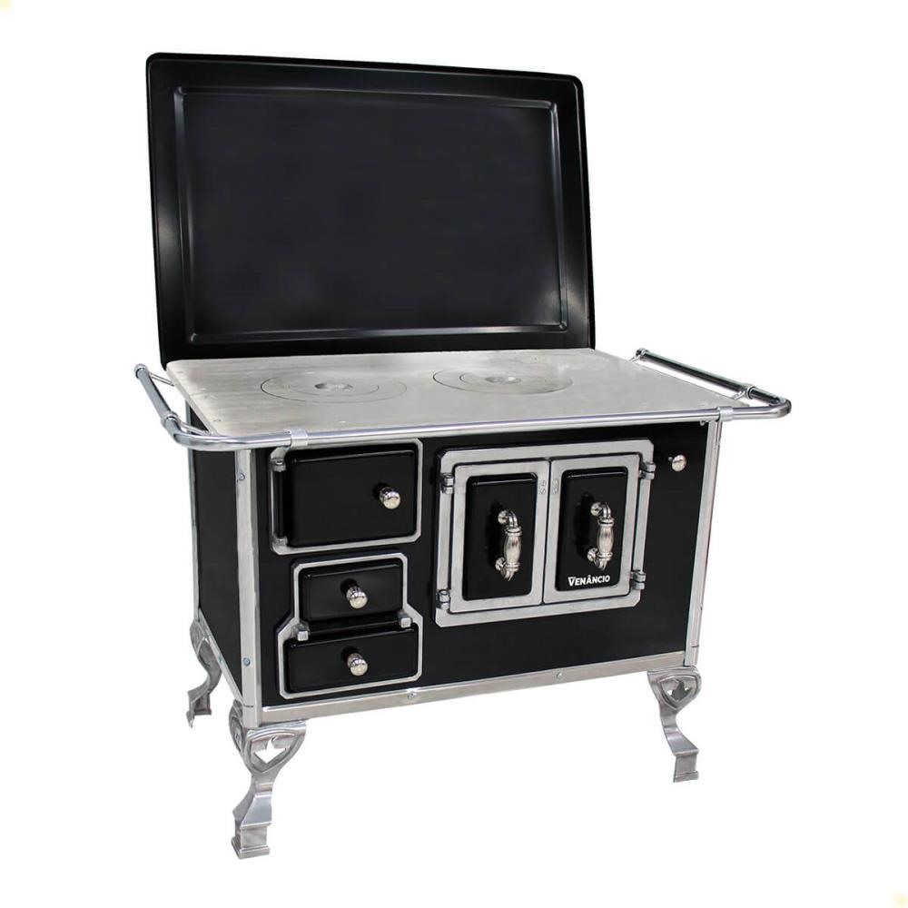 Fogão a Lenha Tradicional Venâncio N°2 Preto Porta Dupla Com Tampa Direito