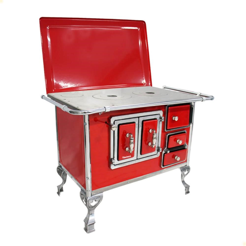 Fogão a Lenha Tradicional Venâncio N°2 Vermelho Com Tampa Esquerdo