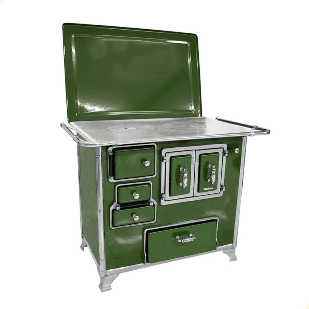 Fogão a Lenha Tradicional Venâncio N°2 Verde Porta Dupla Com Tampa Gabinete Direito