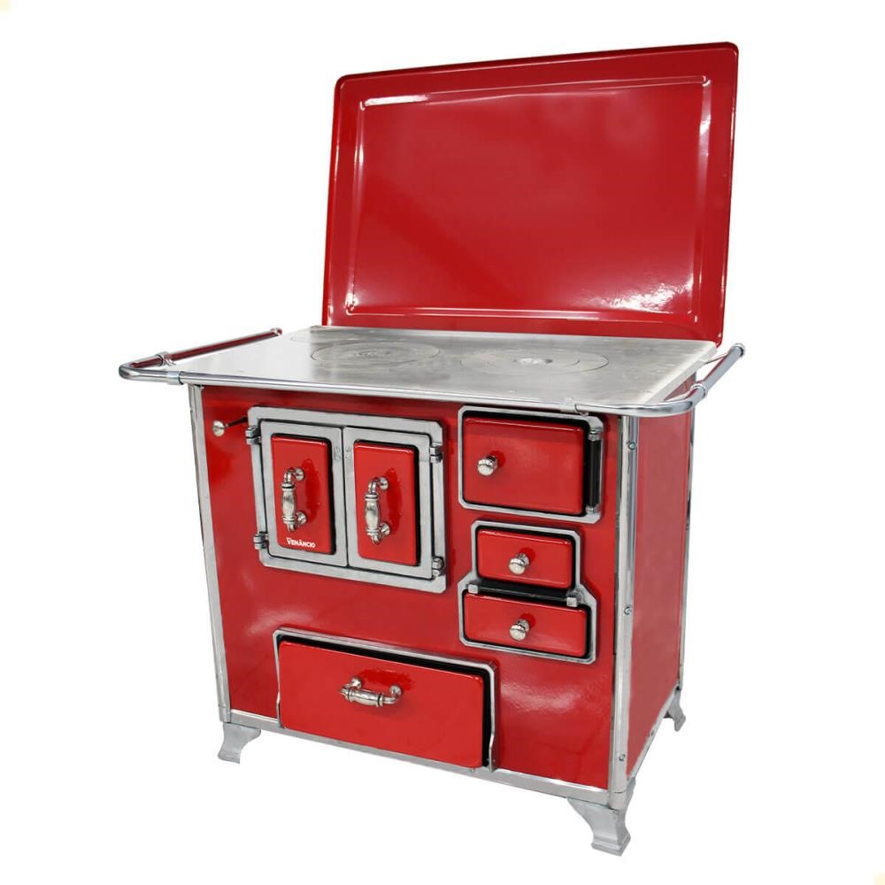 Fogão a Lenha Tradicional Venâncio N°2 Vermelho Com Tampa Gabinete Esquerdo