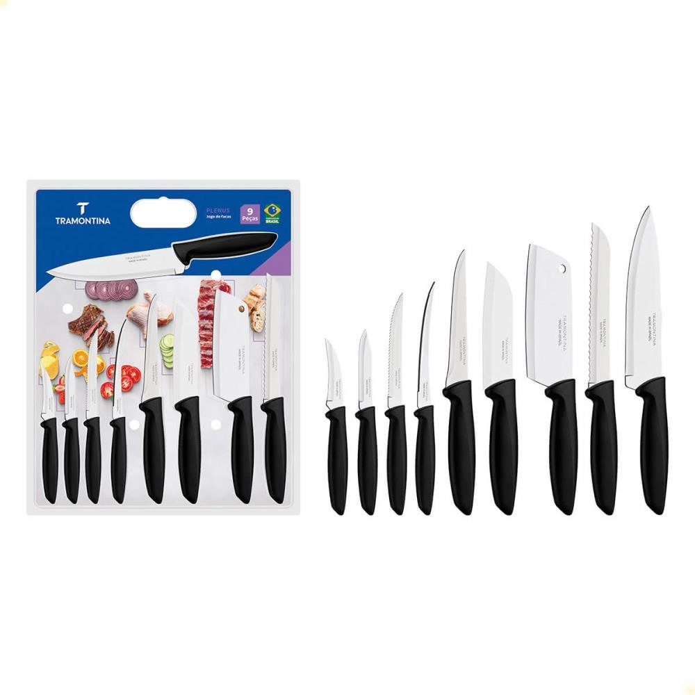 Jogo de Facas Tramontina Plenus com Lâminas Aço Inox e Cabos de Polipropileno Preto 9 Peças 23498048