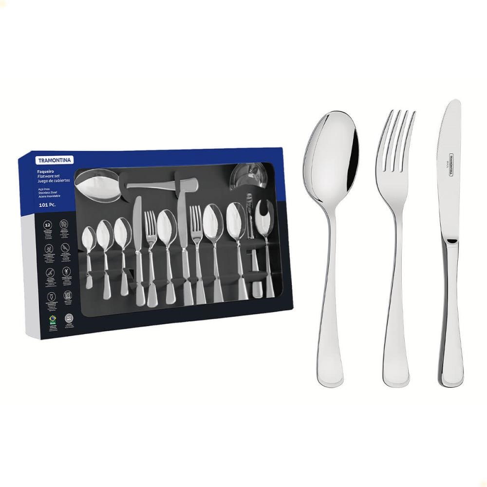 Faqueiro Tramontina Mônaco Aço Inox com Facas de Mesa Alto Brilho Detalhe no Cabo 101 Peças 66917030