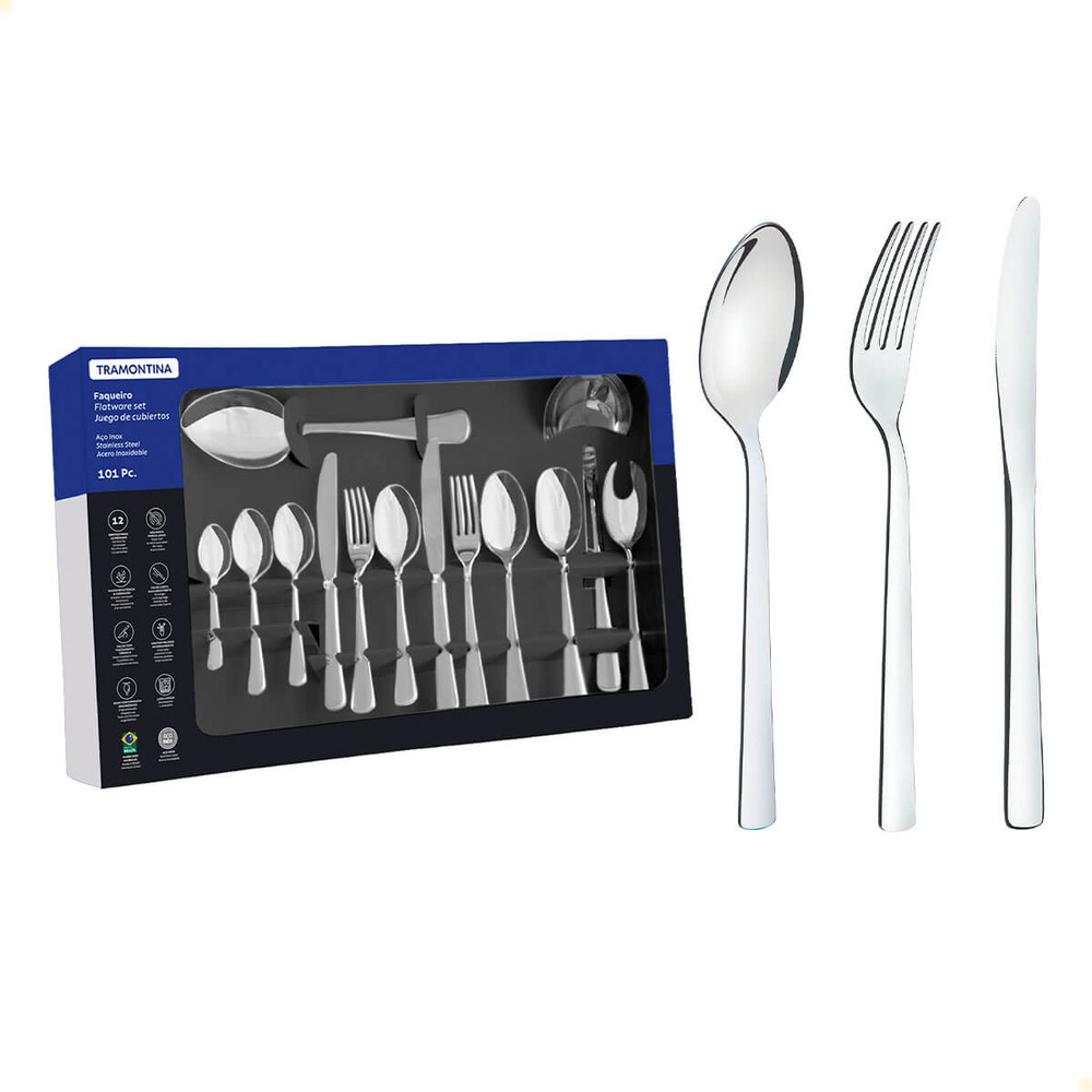Faqueiro Tramontina Oslo em Aço Inox Com Facas de Mesa Acabamento Alto Brilho 101 Peças 66985030