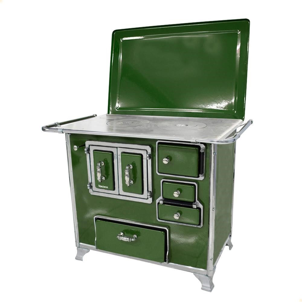 Fogão a Lenha Tradicional Venâncio N°2 Verde Porta Dupla Com Tampa Gabinete Esquerdo