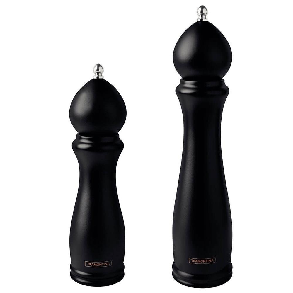 Kit Moedor de Pimenta e Sal Tramontina Churrasco Black Cerâmica Recipiente Madeira 8" e 10" 2 Peças