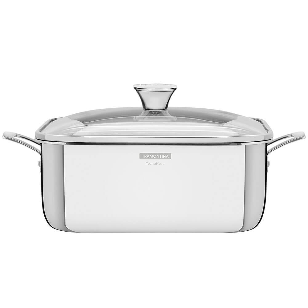 Caçarola Tramontina Grano Quadrada 7,3 L Aço Inox com Suporte P/ Tampa Corpo Triplo e Tampa de Vidro