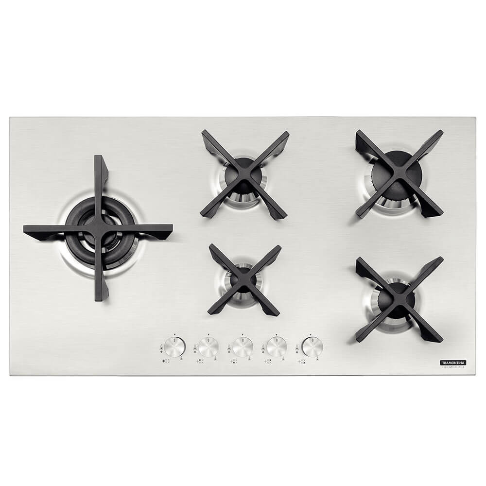 Cooktop a Gás Tramontina Design Collection Penta Inox Flat 5 GX 90 em Aço Inox 5 Queimadores Automát