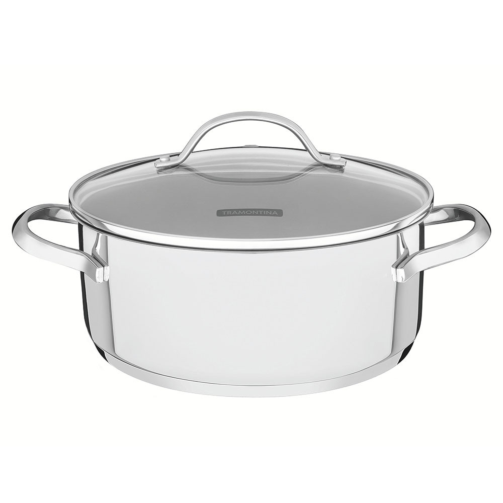 Caçarola Rasa Tramontina Una em Aço Inox com Fundo Triplo e Tampa de Vidro 24 cm 4,8 L 62283240