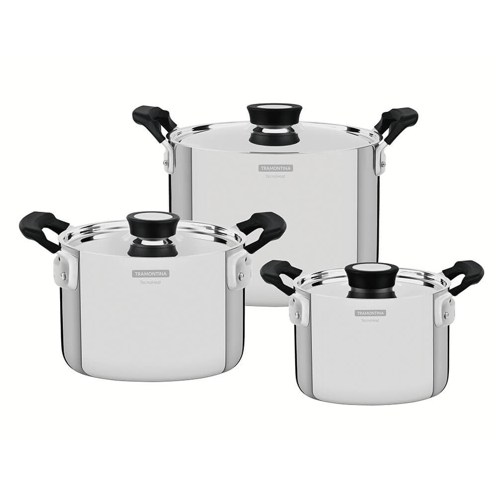 Jogo de Panelas Tramontina Grano Compact Aço Inox Corpo Triplo e Alças em Silicone 3 Peças 65240200