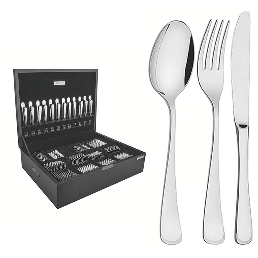 Faqueiro Tramontina Mônaco 130 Pçs Aço Inox Facas de Mesa Forjadas Brilho Estojo de Madeira 66917227