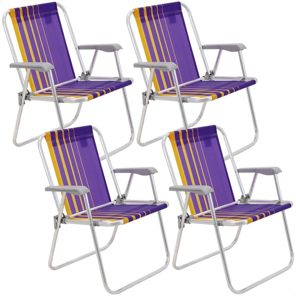 Kit 4 Cadeiras de Praia Tramontina Samoa Alta em Alumínio com Assento Roxo e Amarelo 92900003