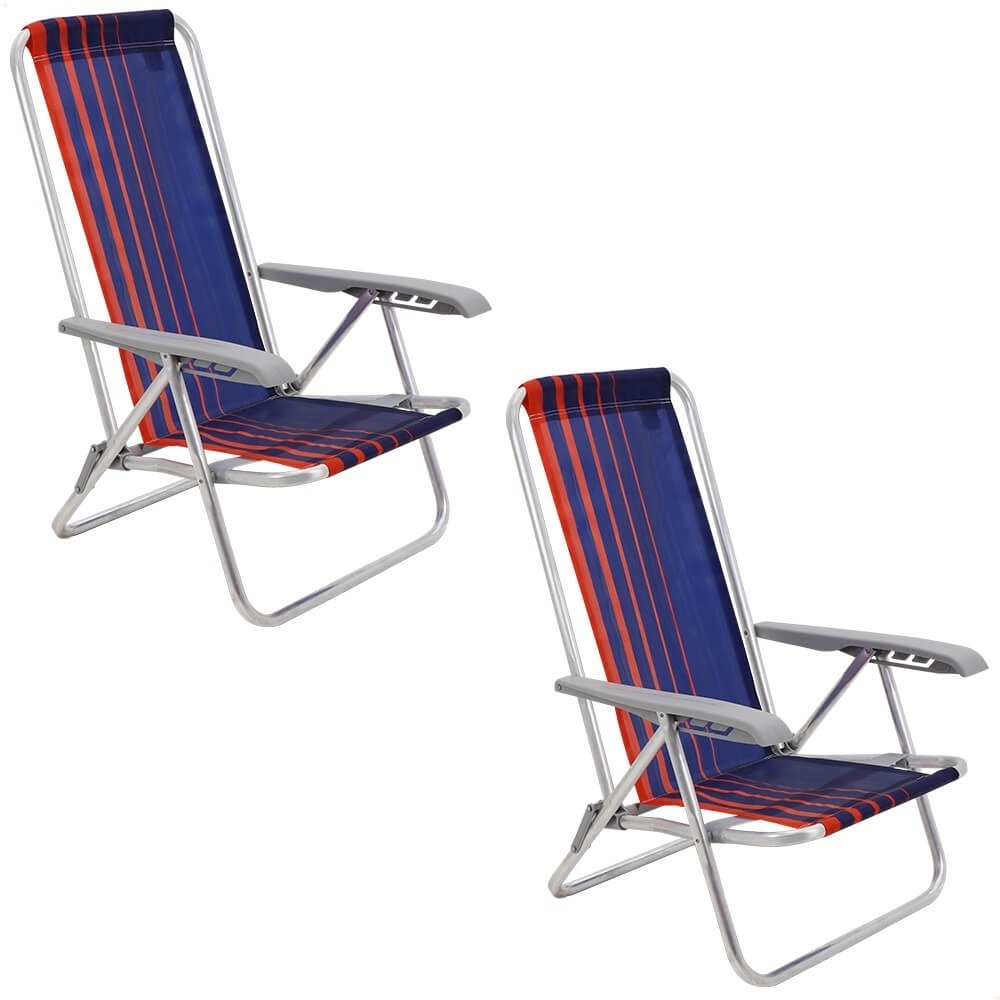 Kit 2 Cadeiras de Praia Reclinável Tramontina Bali Baixa Alumínio Assento Azul e Laranja 92900100