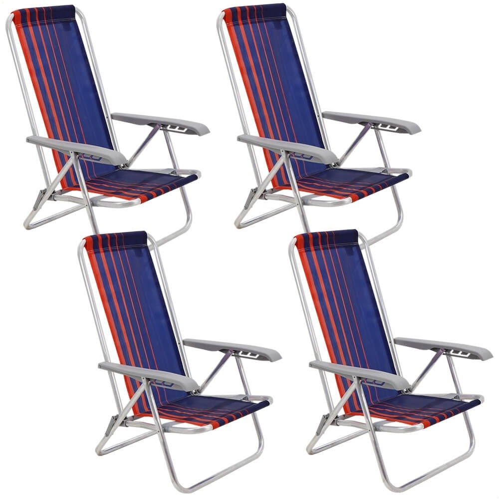 Kit 4 Cadeiras de Praia Reclinável Tramontina Bali Baixa Alumínio Assento Azul e Laranja 92900100