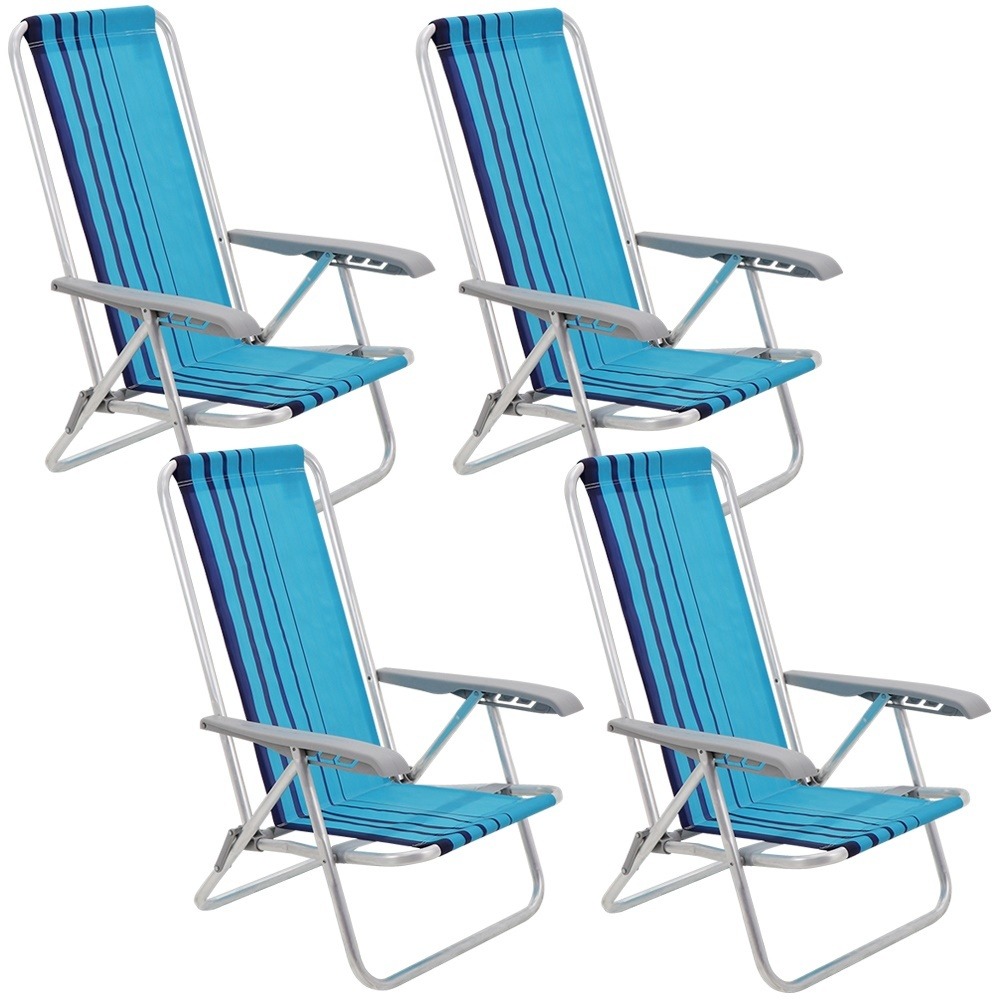 Kit 4 Cadeiras de Praia Reclinável Tramontina Bali Baixa em Alumínio Assento Azul 92900102