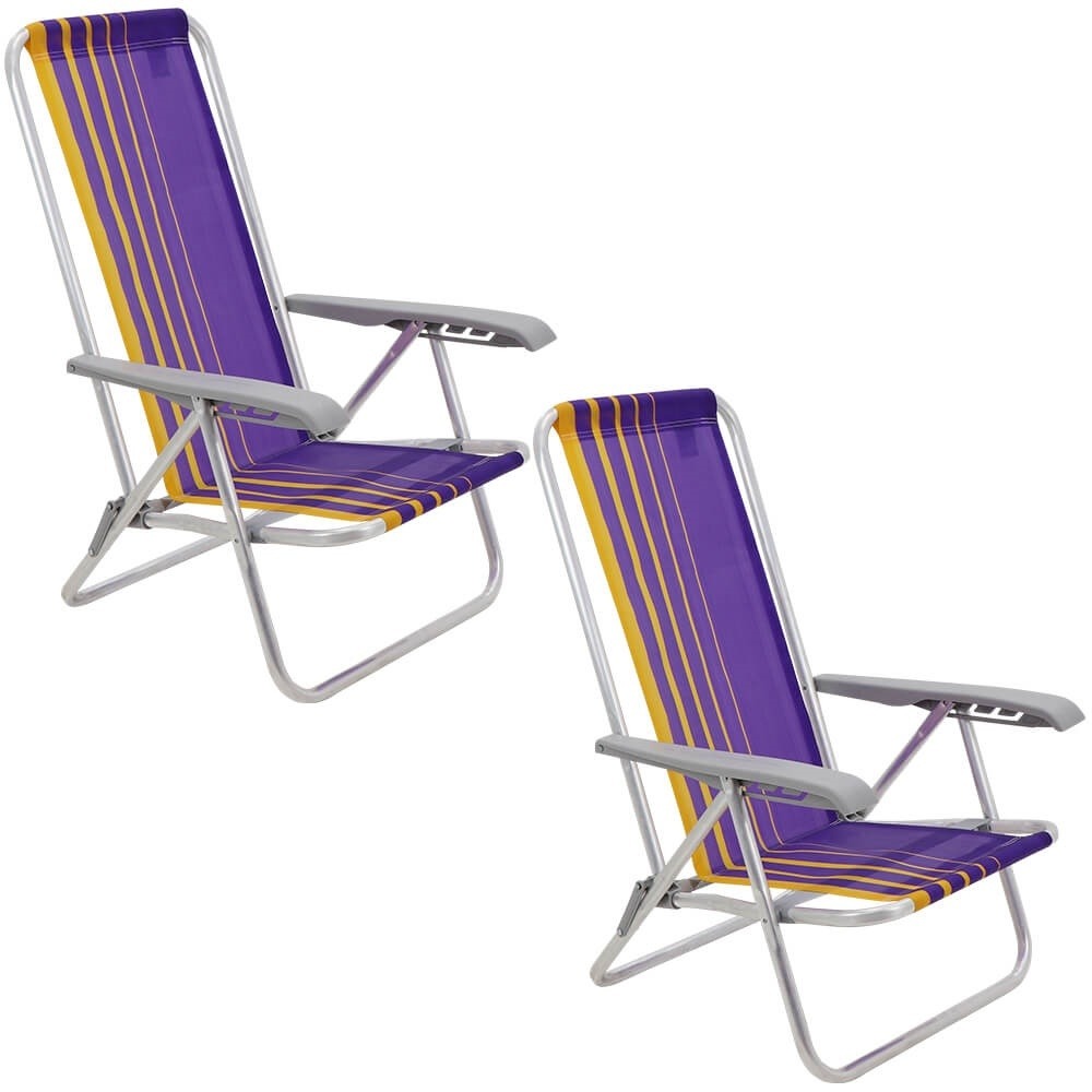 Kit 2 Cadeiras de Praia Reclin.Tramontina Bali Baixa em Alumínio Assento Roxo e Amarelo 92900103