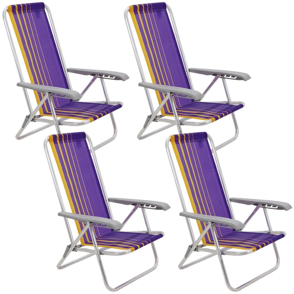 Kit 4 Cadeiras de Praia Reclin.Tramontina Bali Baixa em Alumínio Assento Roxo e Amarelo 92900103