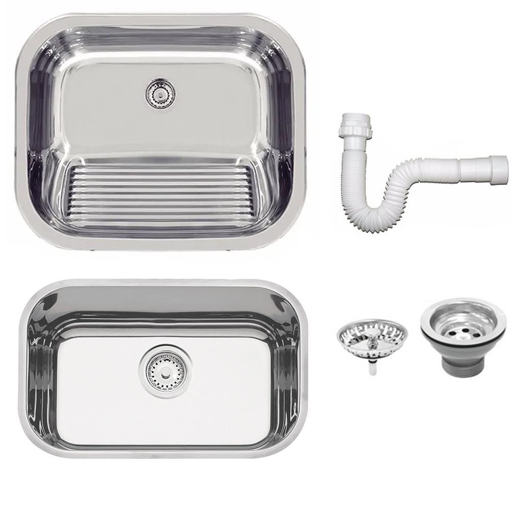 Cuba Tramontina Perfecta em Aço Inox Polido 47x30 cm com Válvula e Tanque Polido 50x40 e Sifão 94052