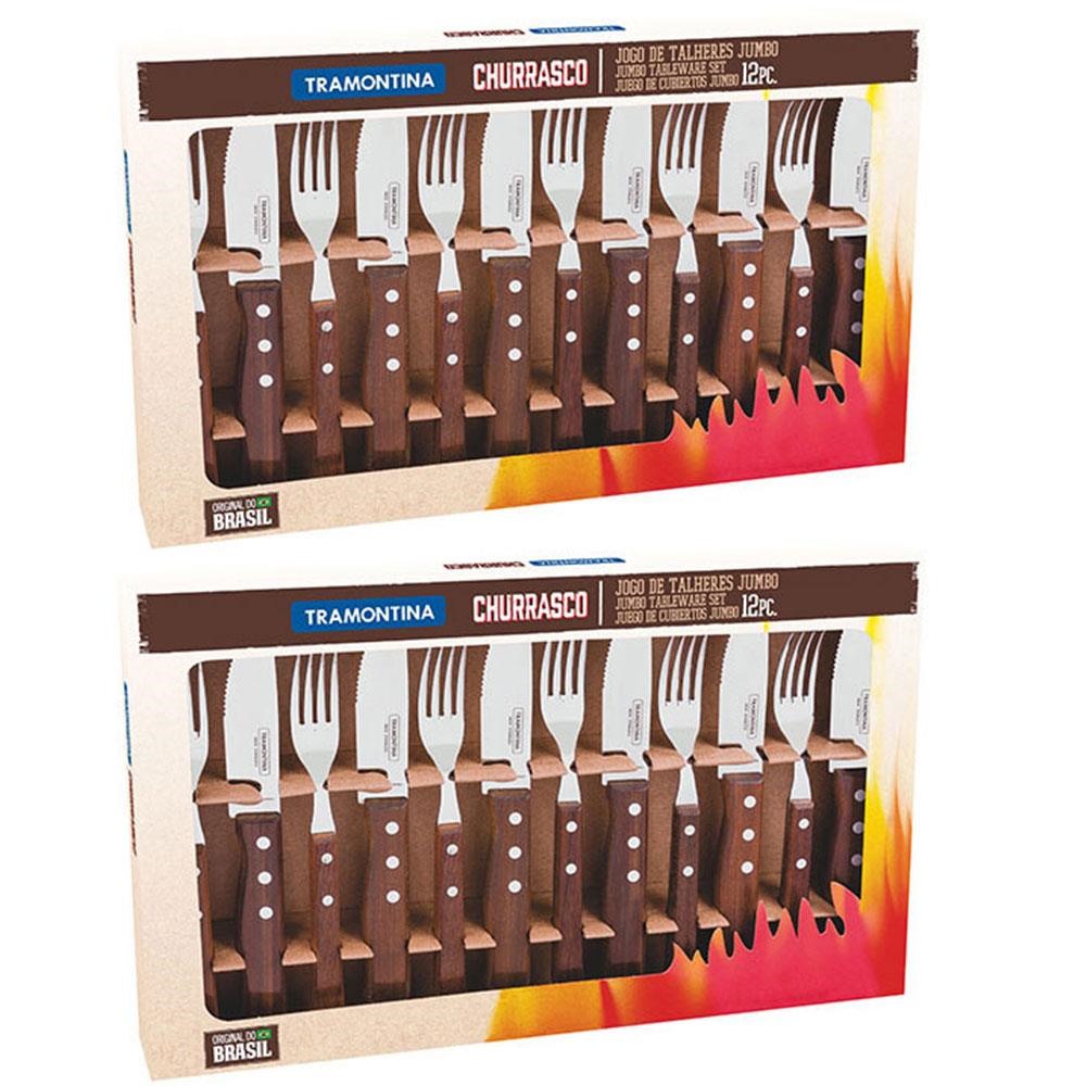 Jogo para Churrasco Jumbo 12 peças com Laminas de Aço Inox e Cabos de Madeira 2 Unidades 22299059X2