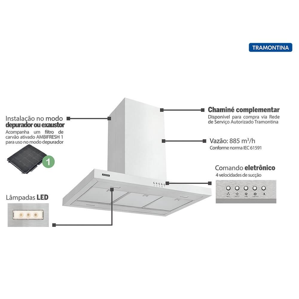 Coifa de Ilha Tramontina New Dritta Isla em Aço Inox 90 cm 127 V