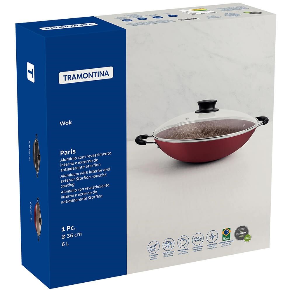 Wok Tramontina Paris Alumínio com Antiaderente Starflon Max Vermelho Tampa  de Vidro 36cm 6L 20545736 - CASA ATIVA LTDA