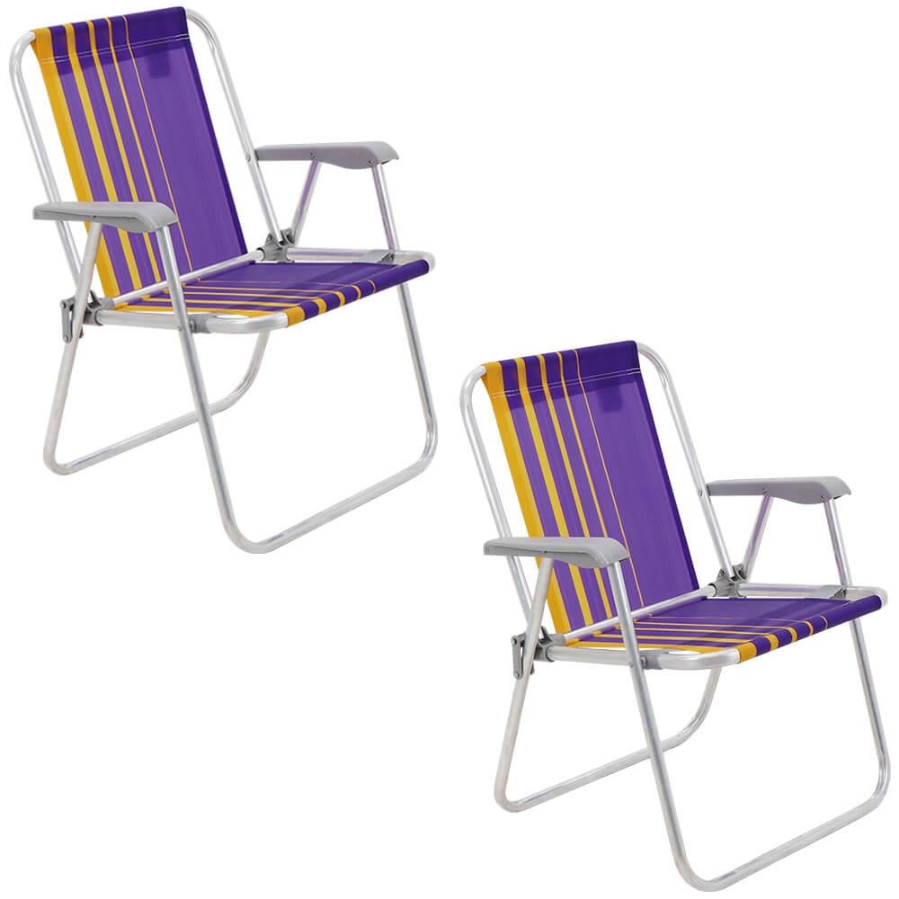 Kit 02 Cadeiras de Praia Tramontina Samoa Alta em Alumínio com Assento Roxo e Amarelo 92900003