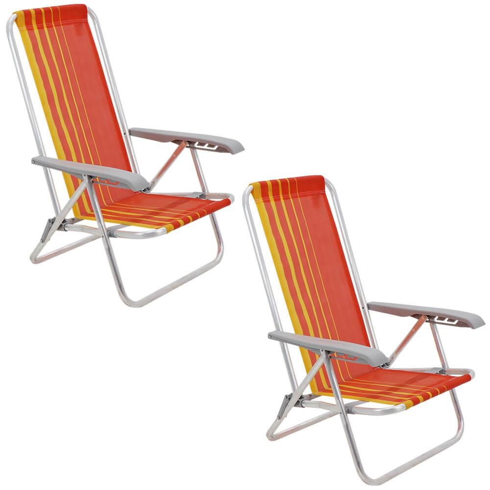 Kit 02 Cadeiras de Praia Reclin.Tramontina Bali Baixa Alumínio c/ Assento Laranja e Amarelo 92900101