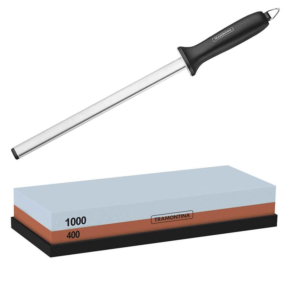 Kit Pedra Afiar Faca E Chaira Diamantada em Inox 10" Tramontina Profissional