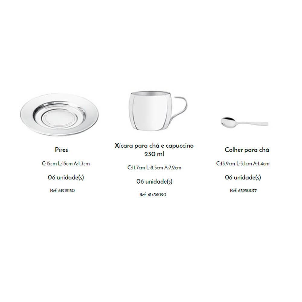 Jogo Xícaras com Pires e Colheres para Café Chá Inox 18 pcs