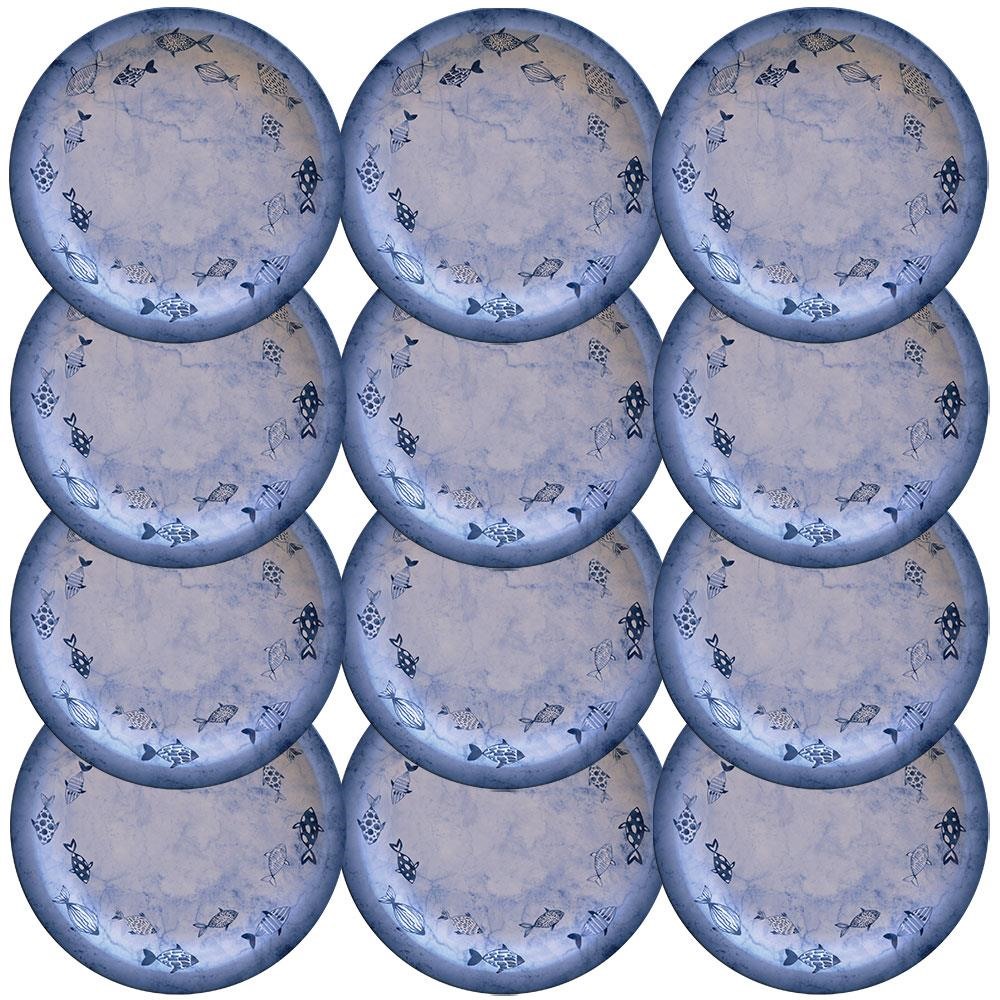 12 Pratos Raso Tramontina Peixes Azul em Porcelana Decorada 28 cm 96980000