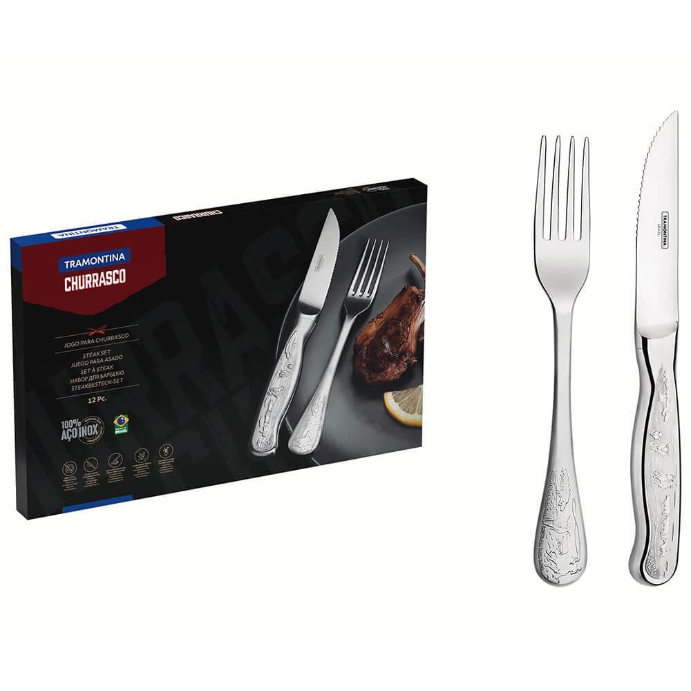 Kit Churrasco Tramontina Jumbo Aço Inox Cabo em Madeira com Garfo e Faca 12  Peças - Shopping TudoAzul