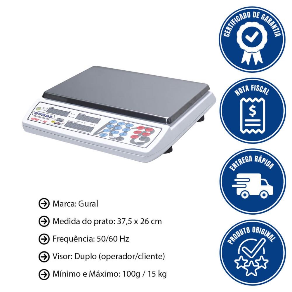 Balança Digital 15KG Comercial Gural Eletrônica ESE-15 WB com Bateria ...