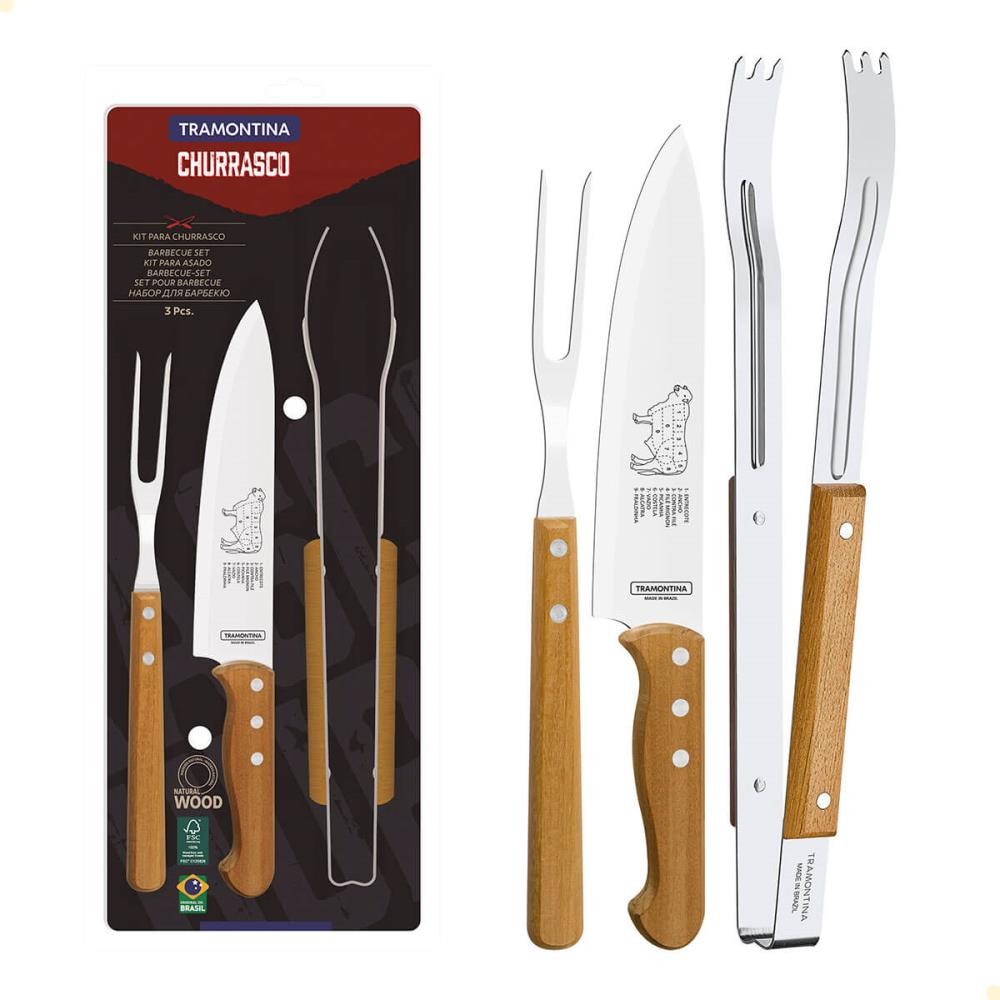 Jogo para Churrasco Tramontina com Lâminas em Inox e Cabos de Madeira Natural 3 Peças 22399075