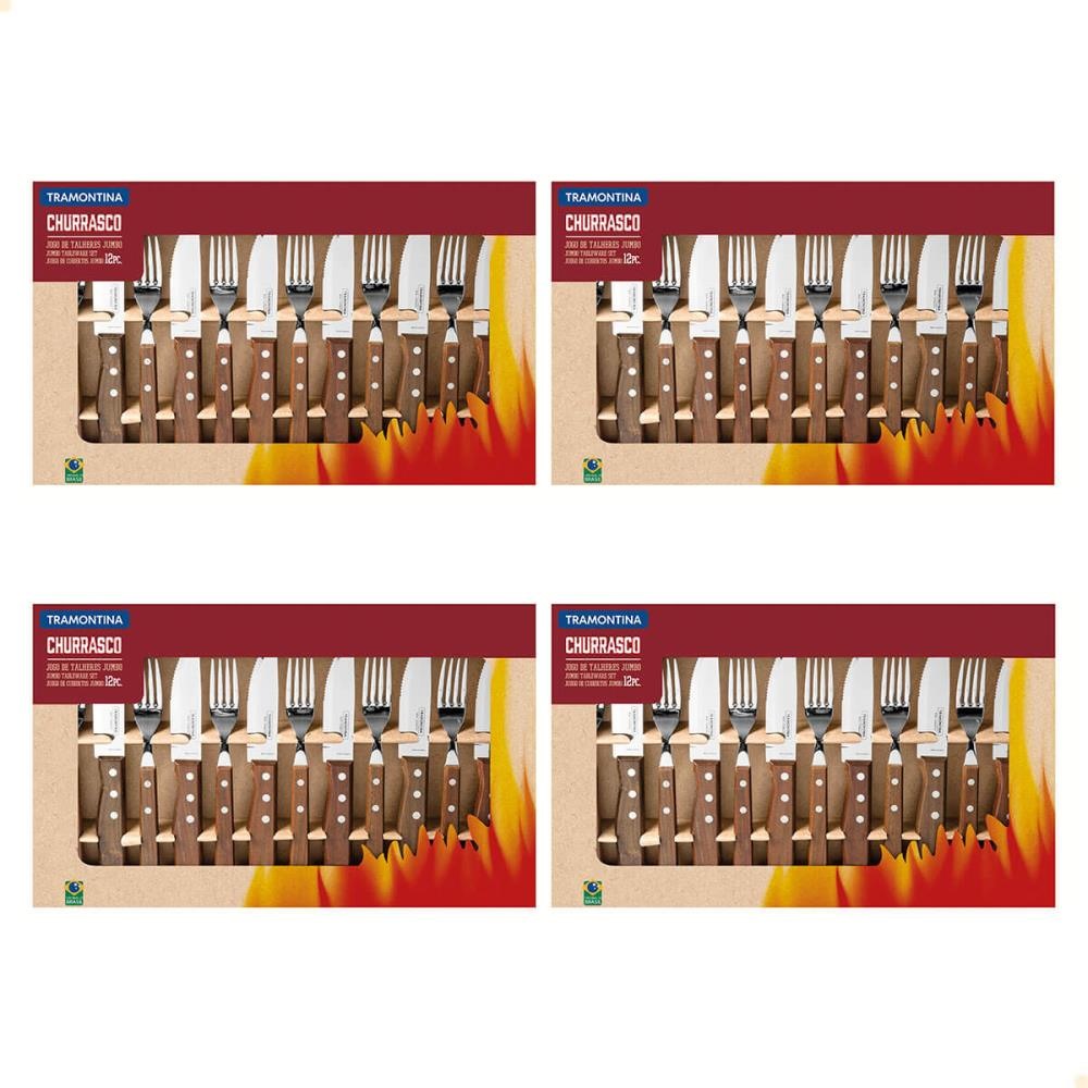 Jogo para Churrasco Jumbo 12 peças com Laminas de Aço Inox e Cabos de Madeira 4 Unidades 22299059X4