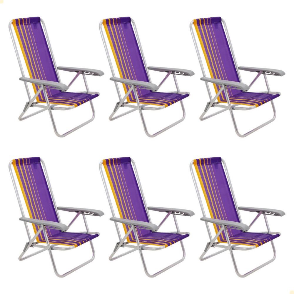 Kit 06 Cadeiras de Praia Reclin.Tramontina Bali Baixa em Alumínio c/ Assento Roxo e Amarelo 92900103