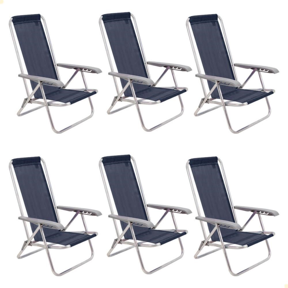 Kit 06 Cadeiras de Praia Reclin. Tramontina Bali Baixa Alumínio c/ Assento Azul Escuro 92900106