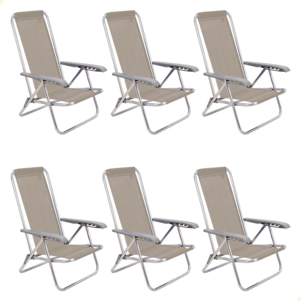 Kit 06 Cadeiras de Praia Reclin. Tramontina Bali Baixa Alumínio c/ Assento Camurça 92900105
