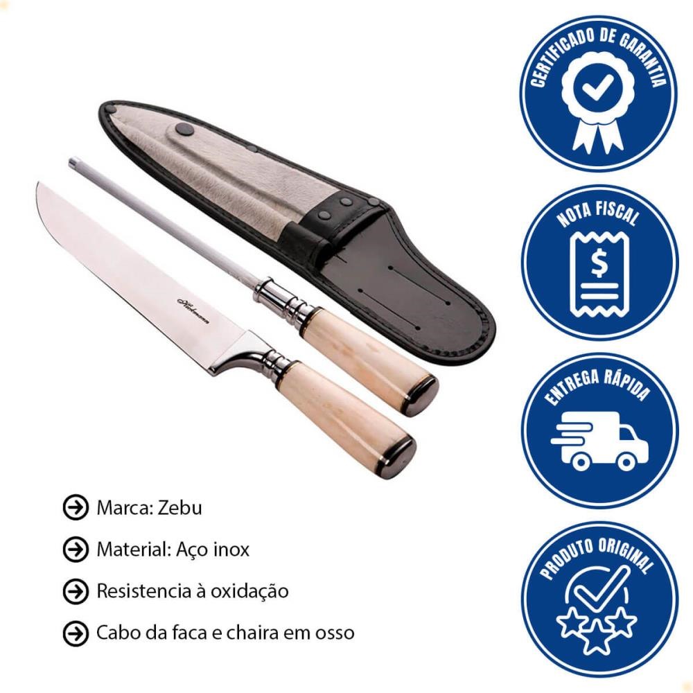 Conjunto Faca e Chaira Zebu Hickmann Cabo Torneado em Osso 93/6p