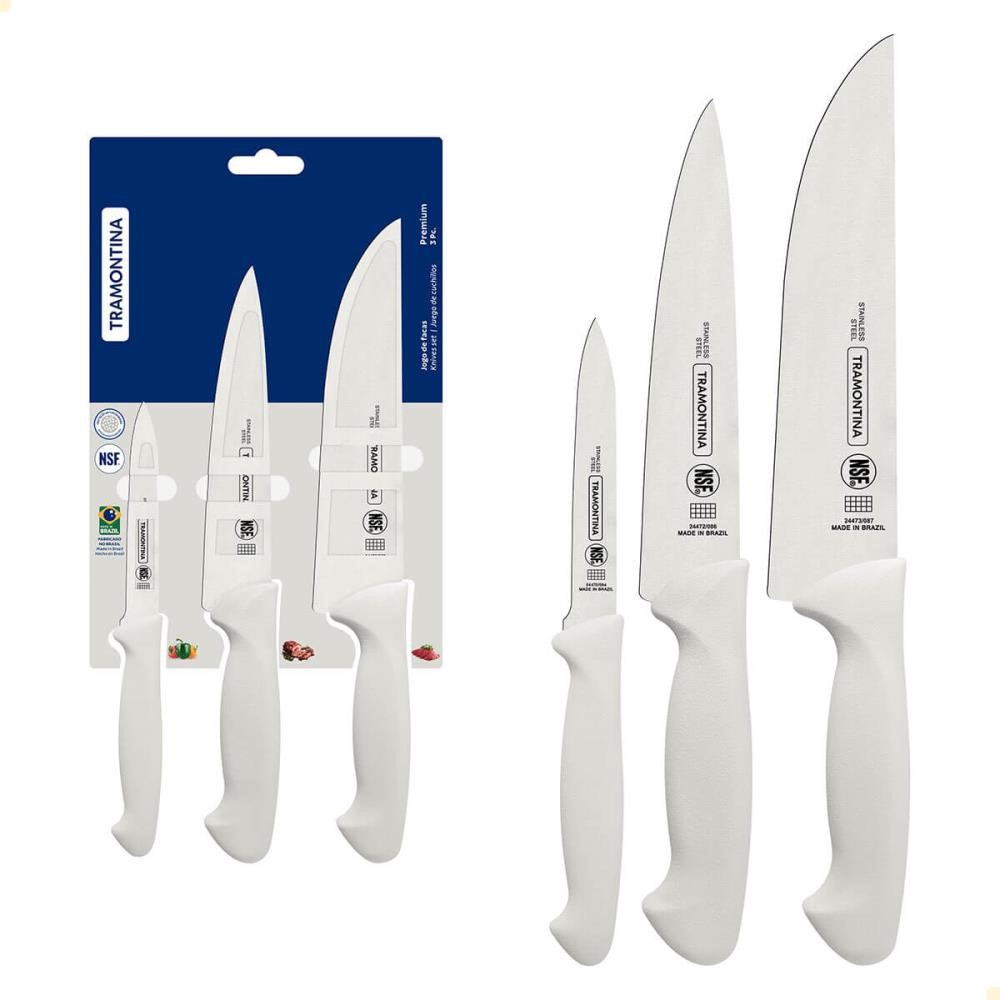 Jogo de Facas Tramontina Premium Lâminas em Inox e Cabos de Polipropileno Branco 3 Peças 24499811