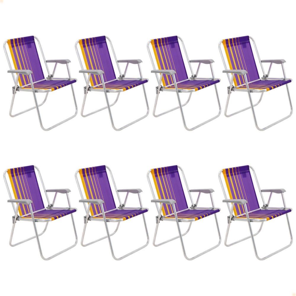 Kit 08 Cadeiras de Praia Tramontina Samoa Alta em Alumínio com Assento Roxo e Amarelo 92900003