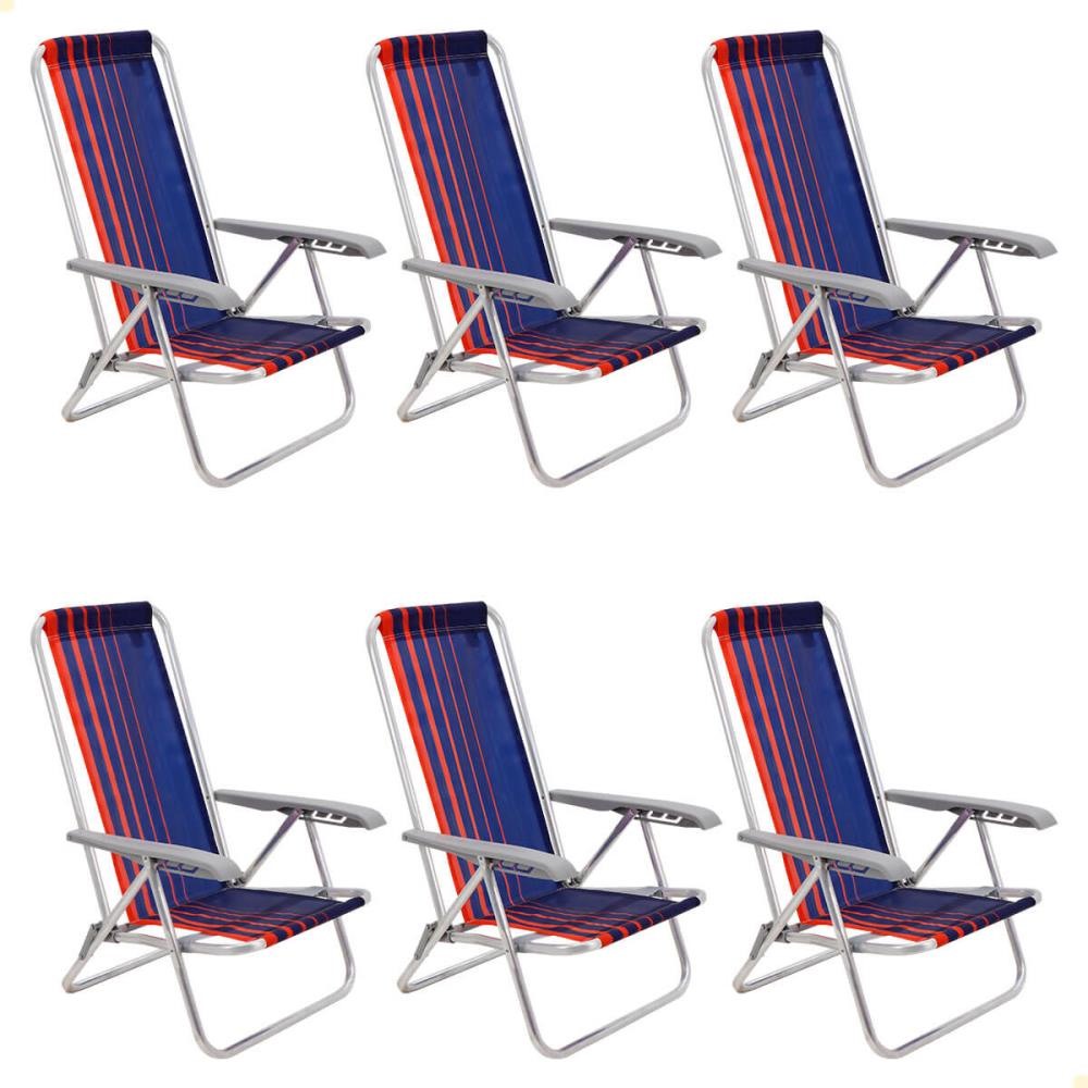 Kit 06 Cadeiras de Praia Reclinável Tramontina Bali Baixa Alumínio Assento Azul e Laranja 92900100
