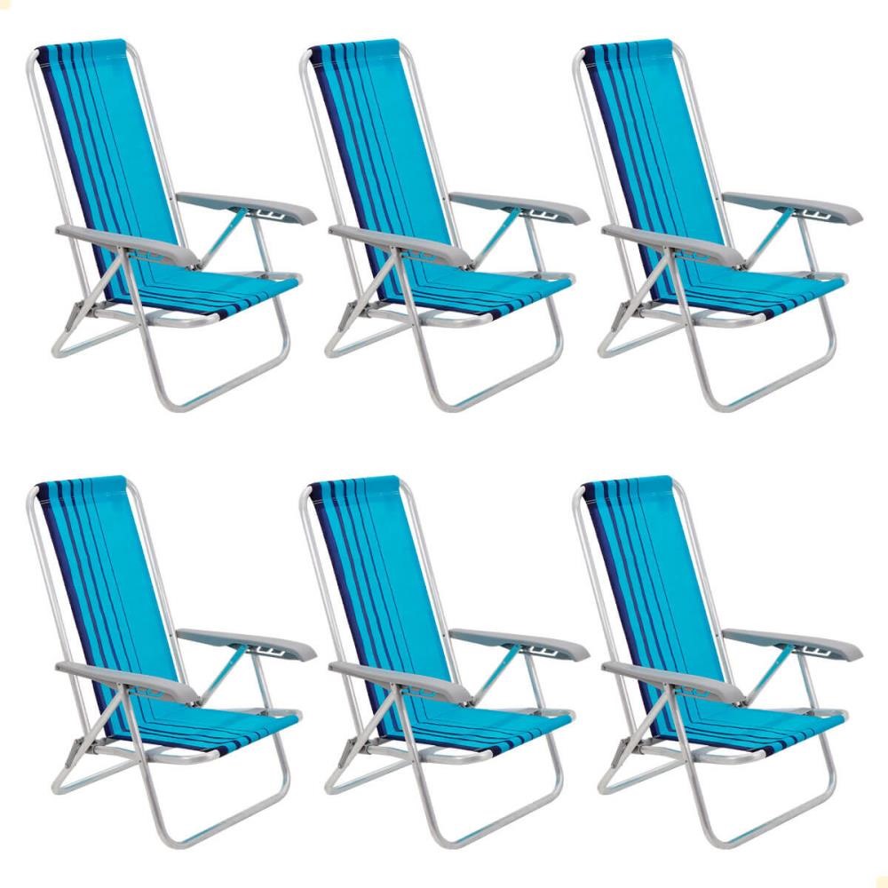 Kit 06 Cadeiras de Praia Reclinável Tramontina Bali Baixa em Alumínio com Assento Azul 92900102