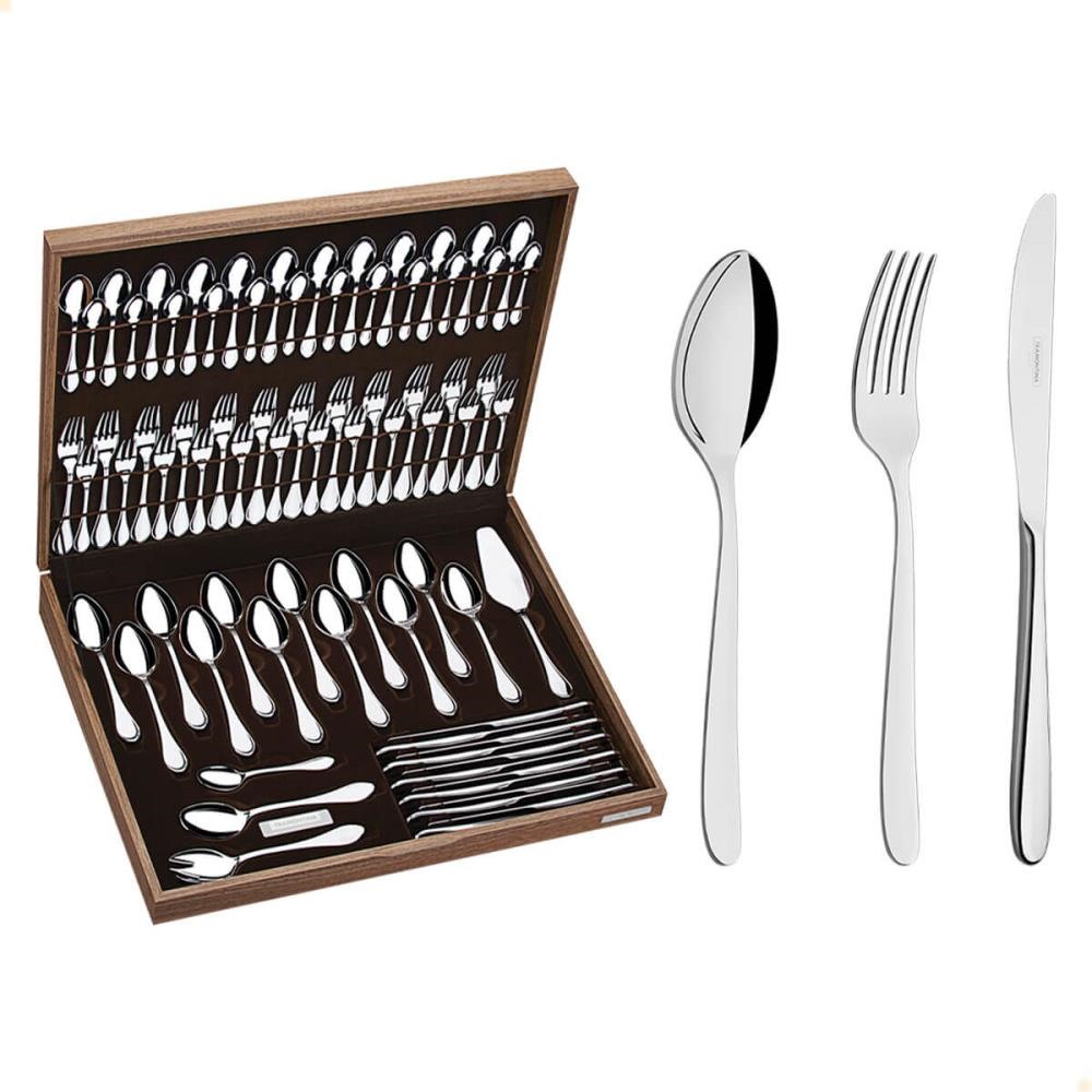 Faqueiro Tramontina Cannes em Aço Inox Facas de Mesa Forjadas Estojo de Madeira 76 Peças 66979300