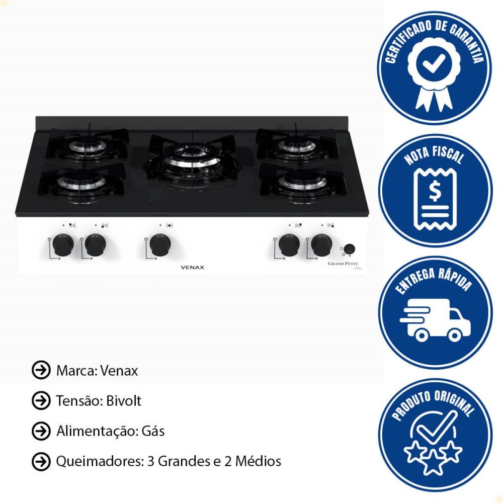Fogão De Mesa 5 Bocas Venax Grand Petit Line Branco Gás GLP