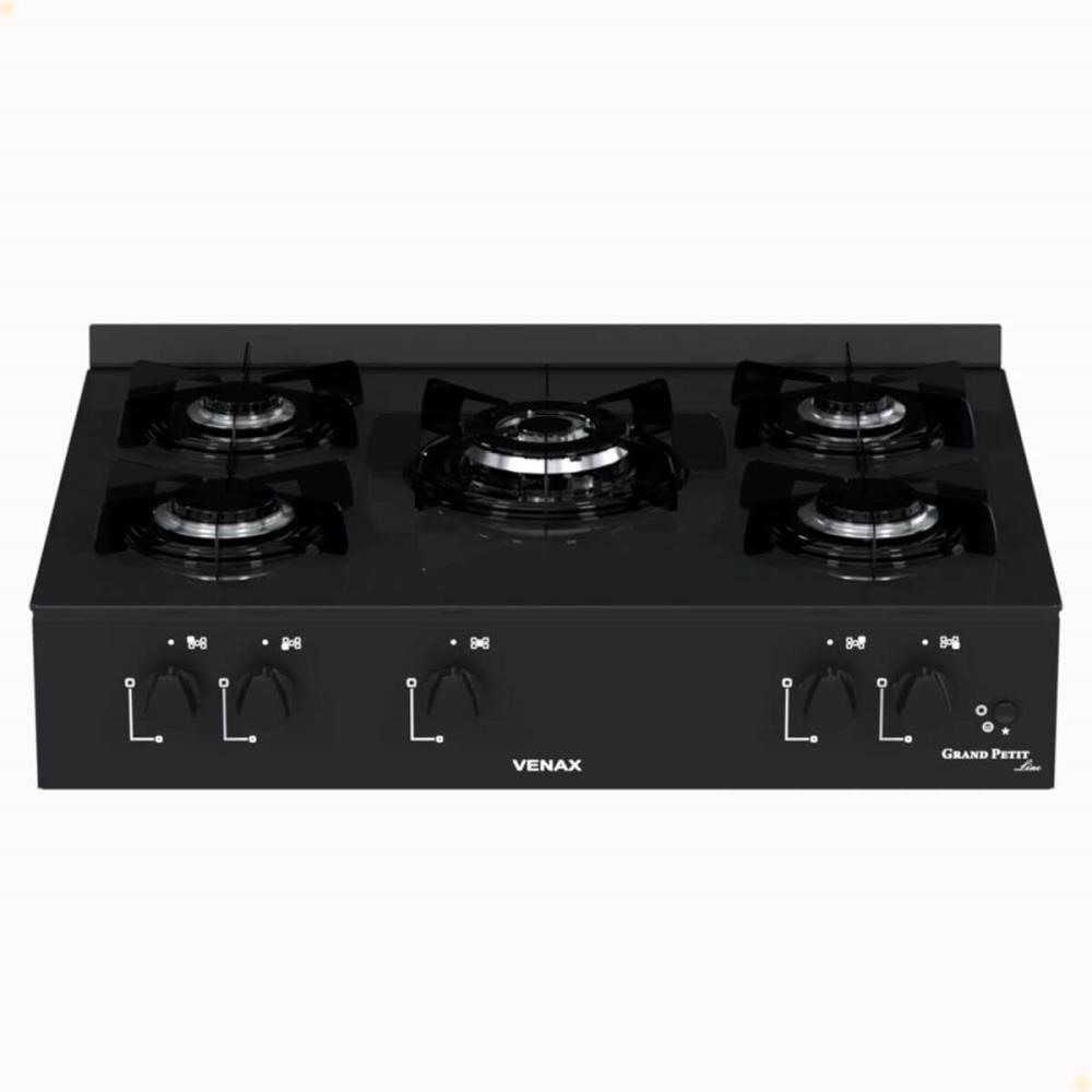 Fogão De Mesa 5 Bocas Venax Grand Petit Line Preto Gás GLP Automático Bivolt 26007