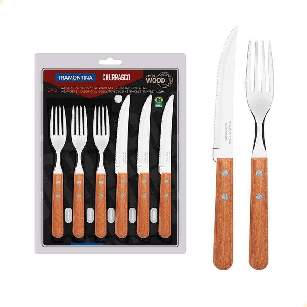 Jogo de Talheres Churrasco Tramontina Aço Inox Cabos de Madeira Natural 12 Peças 22399030