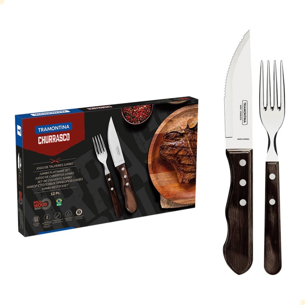 Jogo de Talheres Churrasco Tramontina Jumbo Inox Cabo Madeira Castanho Polywood 12 Peças 21199996