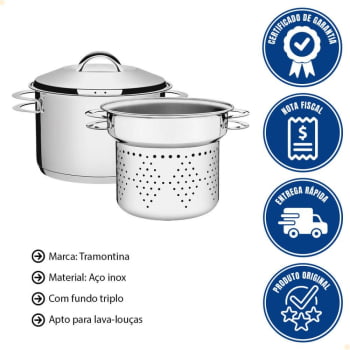 Jogo Cozi-Pasta Tramontina Solar em Aço Inox Fundo Triplo com Alças 2 Peças 24 cm 65500400