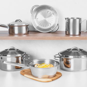 Jogo de Panelas Tramontina Solar 6 Peças em Aço Inox com Fundo Triplo e Tampas de Inox 65510200