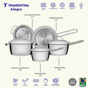 Jogo de Panelas Tramontina Allegra em Aço Inox com Fundo Triplo e Tampas de Inox 5 Peças 65650280